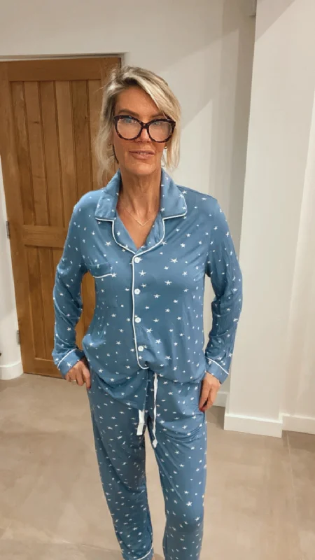 Dusk Full Button Pyjamas in Medium Blue with Stars