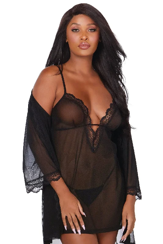 Stretch mesh chemise and robe set