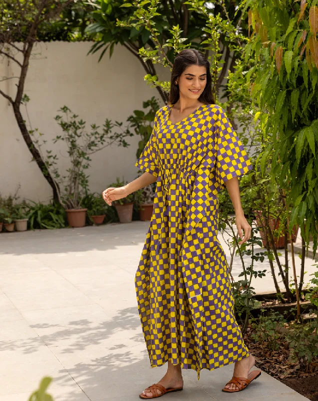 Chequer Hand Block Printed Cotton Kaftan - Full Length