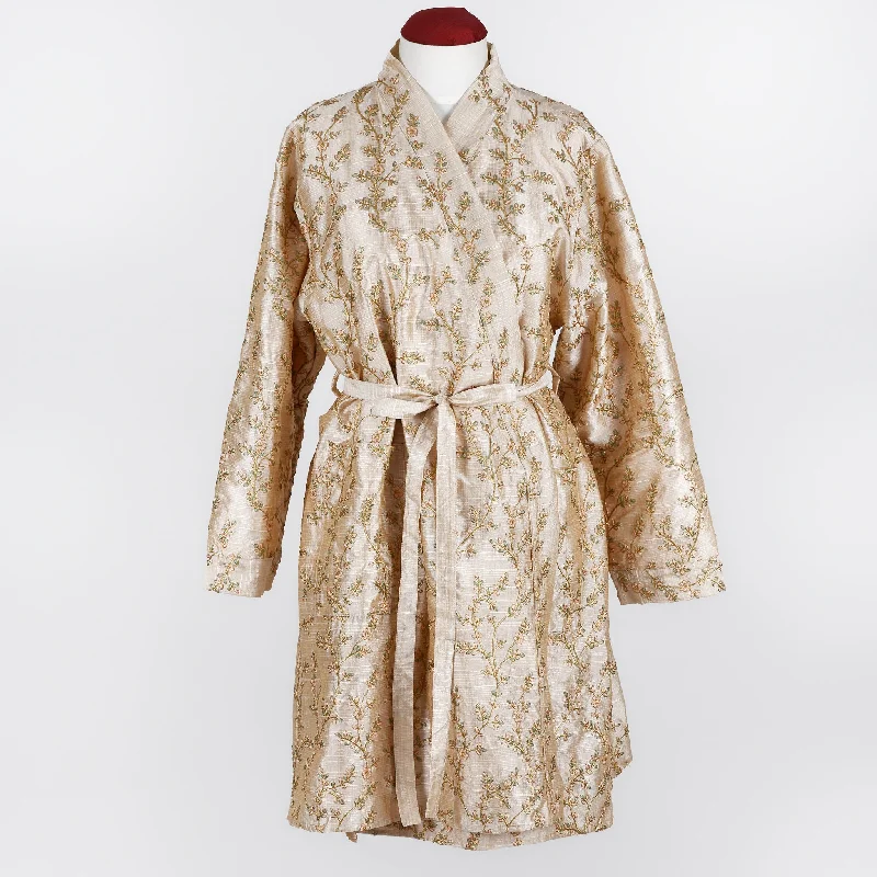 Embroidered Silk Dressing Gown - Champagne