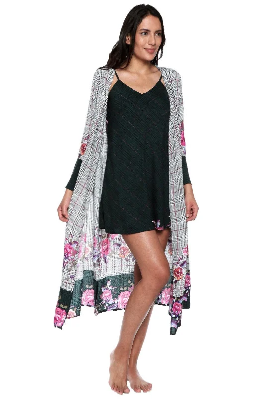 Plaid Floral Kimono in Cotton-Viscose Blend