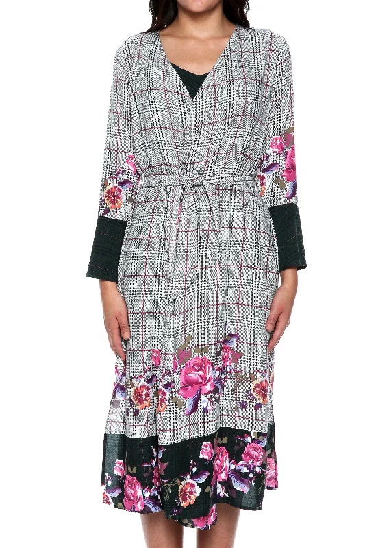 Plaid Floral Kimono in Cotton-Viscose Blend