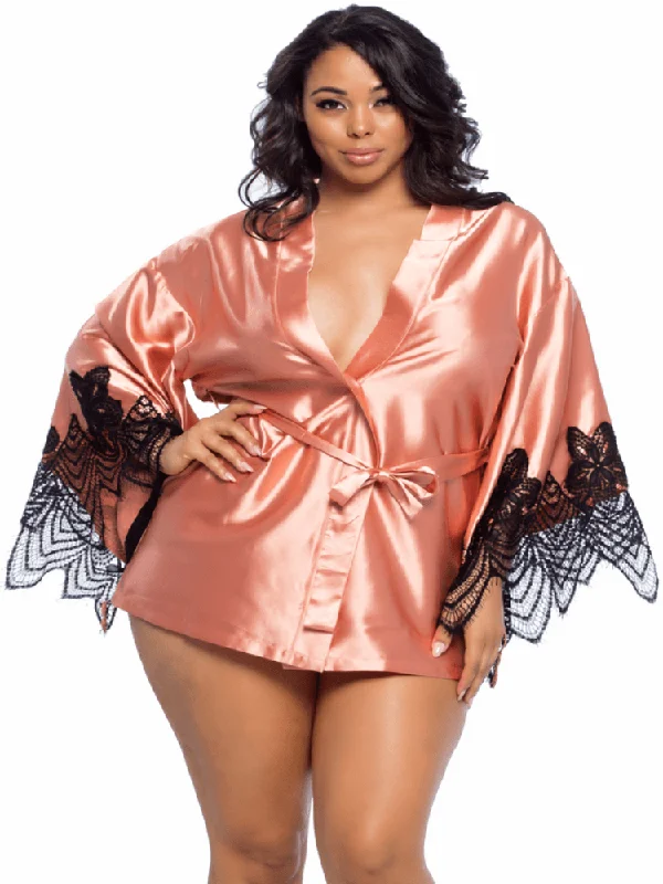 Plus Size Peach Rose Satin & Lace Robe