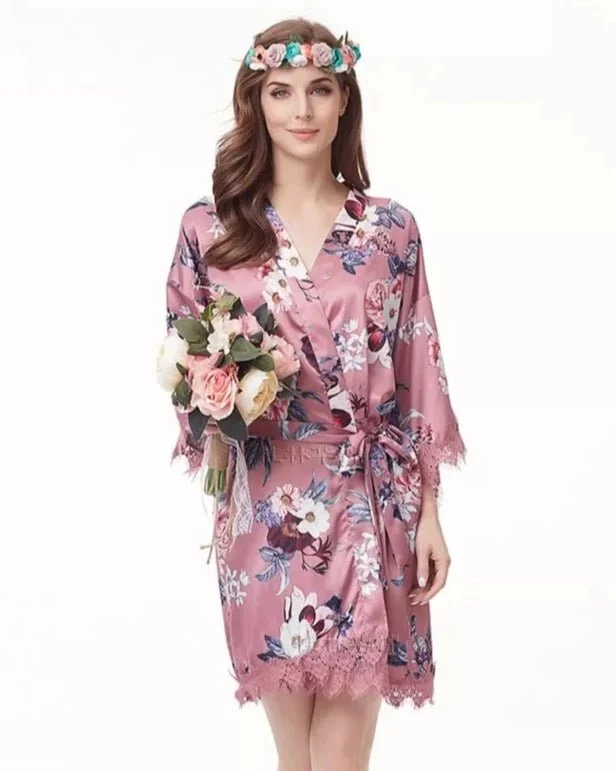 Rose Pink Floral Satin and Lace Robe