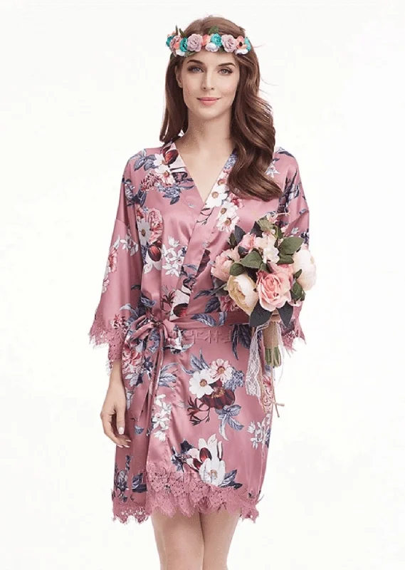 Rose Pink Floral Satin and Lace Robe