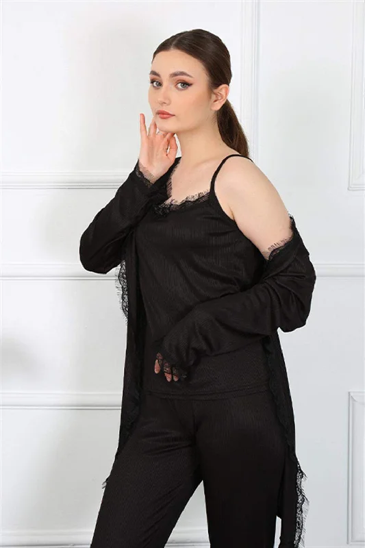 Women's 3-piece Black Dressing Gown 16108