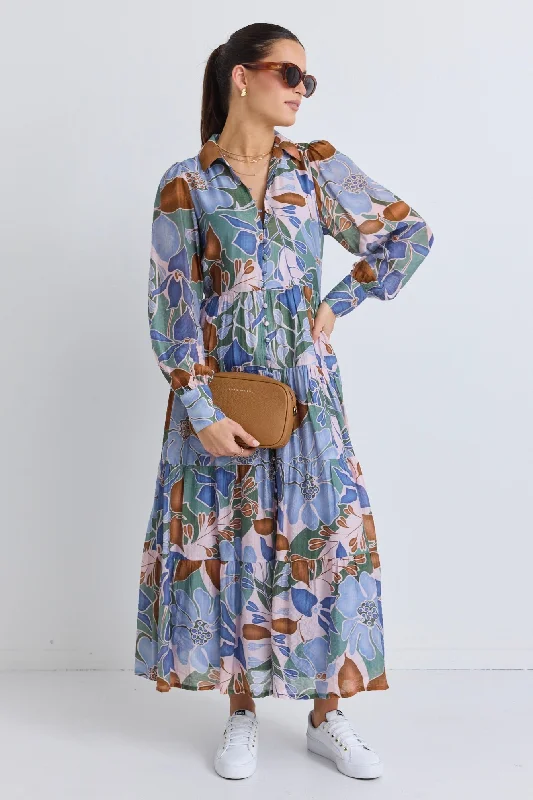 Adair Khaki Floral Long Sleeve Tiered Shirt Style Maxi Dress