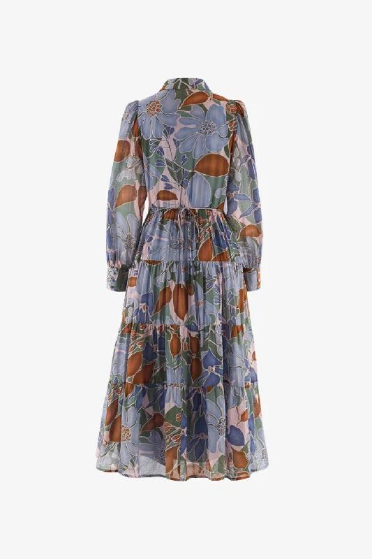 Adair Khaki Floral Long Sleeve Tiered Shirt Style Maxi Dress