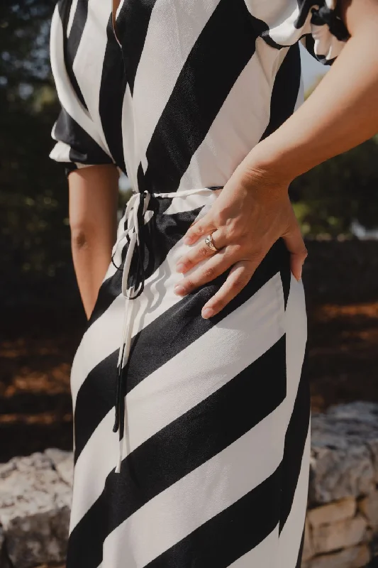 Amora Black White Stripe SS Bias Midi Dress