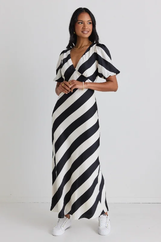 Amora Black White Stripe SS Bias Midi Dress