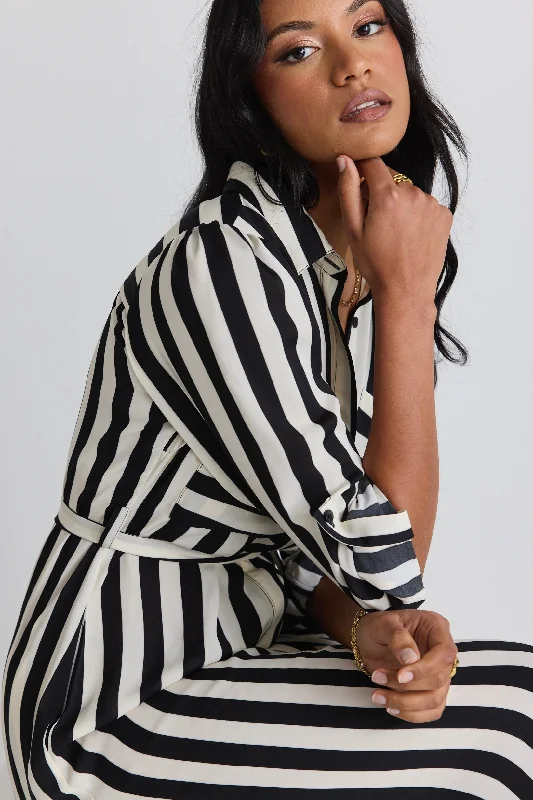 Cyprus Black and White Stripe LS Shirt Midi Dress