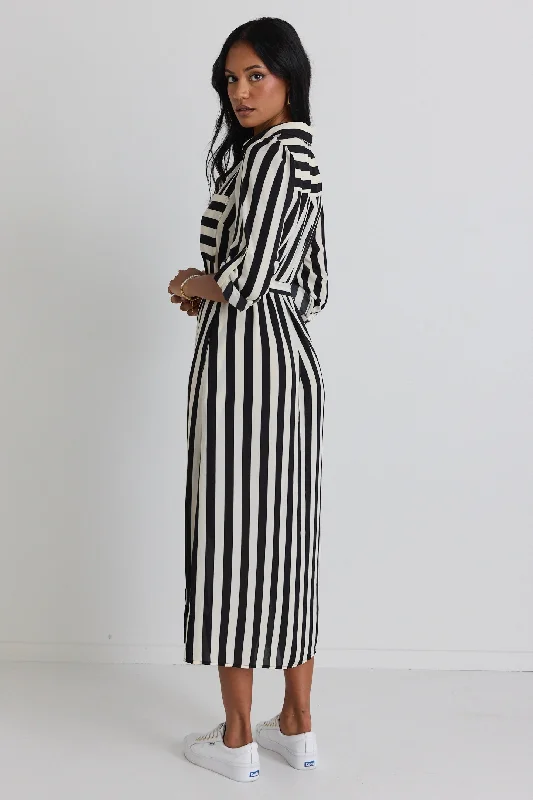 Cyprus Black and White Stripe LS Shirt Midi Dress