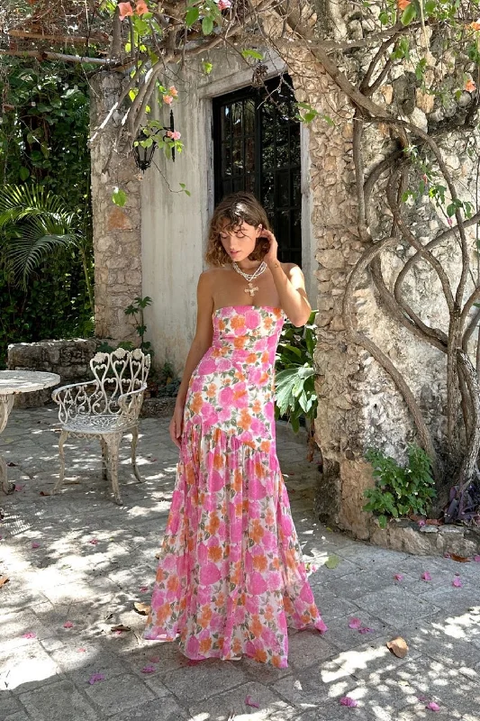 LaBelle Strapless Drop Waist Pink Floral Maxi Dress