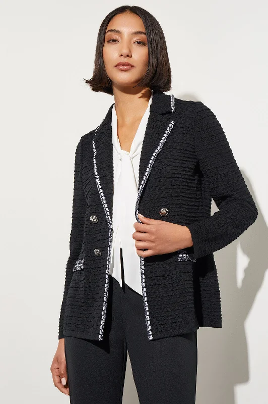 Contrast Trim Textured Knit Jacket, Black/White