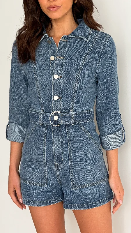 Lakeisha Long Sleeve Playsuit - Mid Blue Denim