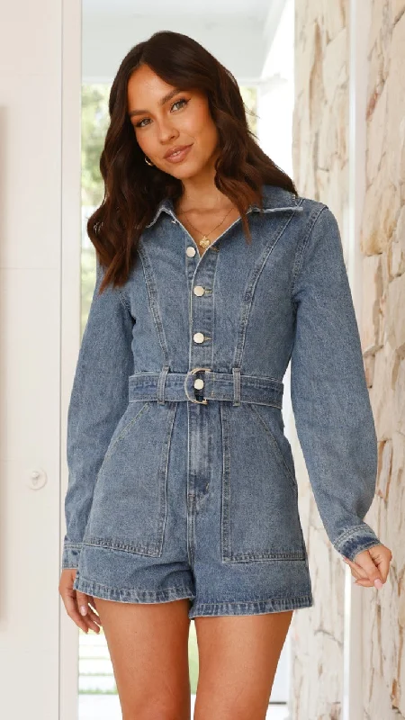 Lakeisha Long Sleeve Playsuit - Mid Blue Denim