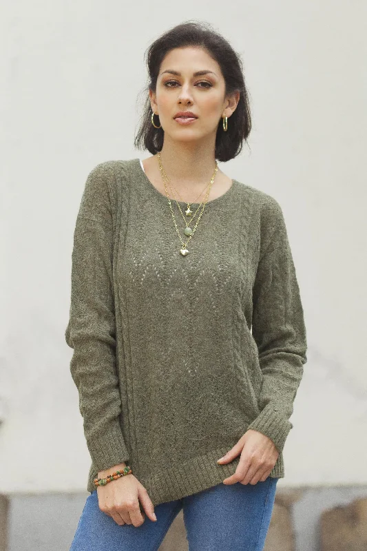 Warm Charm in Olive Cable Knit Baby Apaca Blend Pullover in Olive from Peru