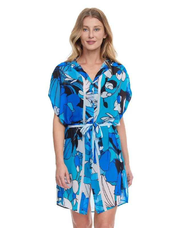 Gottex Resortwear Floral Art Belted Cover Up Blouse Dress