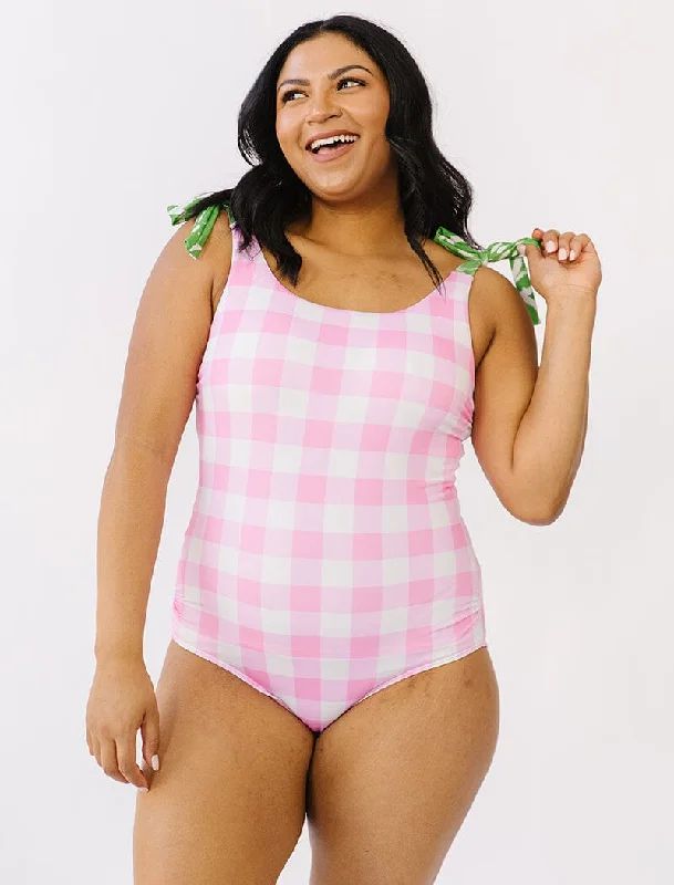 Pink Gingham Shoulder-Tie One-Piece