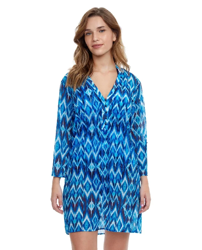 Profile By Gottex Ocean Blues V-Neck Button Up Long Sleeve Mesh Tunic