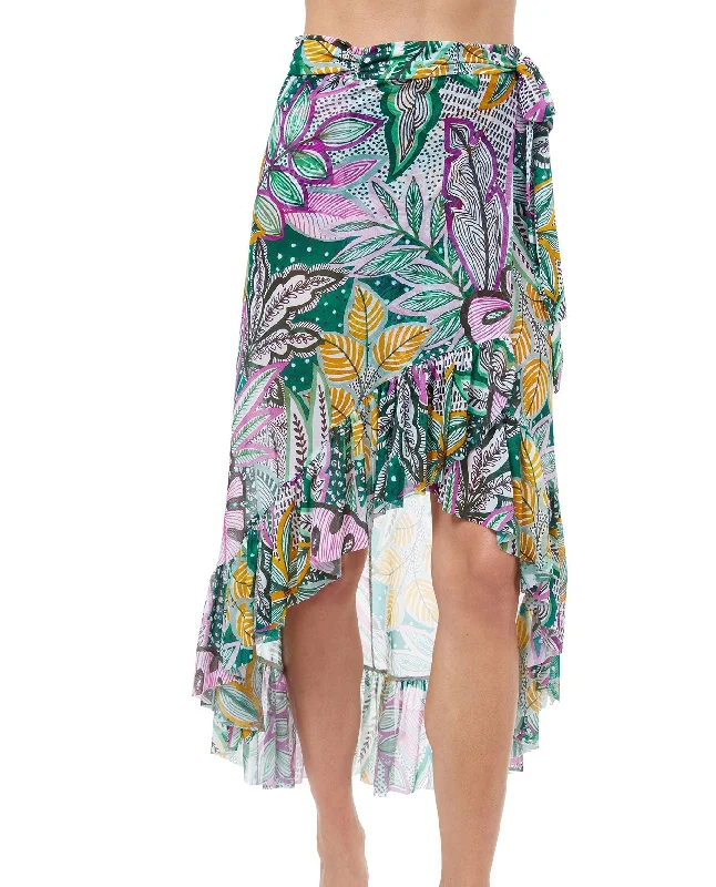 Profile By Gottex Tropic Boom Ruffled High Low Mesh Cover Up Wrap Skirt