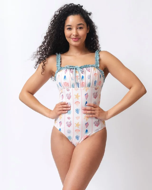 Shell Stripe Ruffle-Strap One-Piece