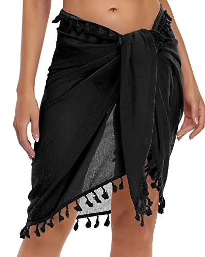 Semi Sheer Textured Chiffon Sarong Cover Ups For Women-Black