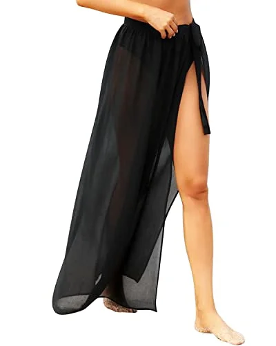 Semi Sheer Swimsuit Wrap Skirt Coverups For Women-Black