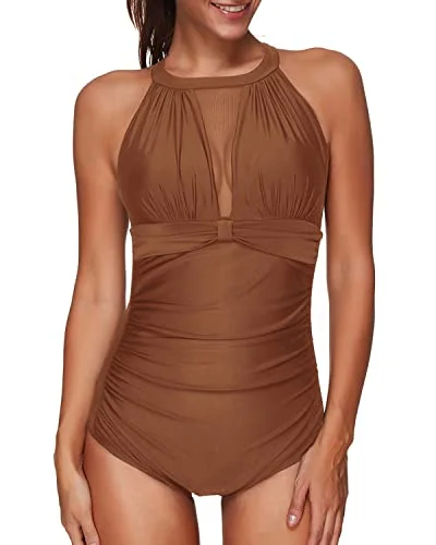 Halter Neck Mesh One Piece Swimwear For Women-Brown