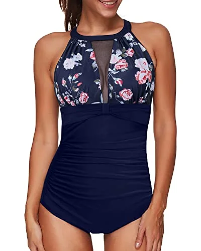 Mesh Halter High Neck Tummy Control One Piece Swimsuit For Women-Navy Blue Floral