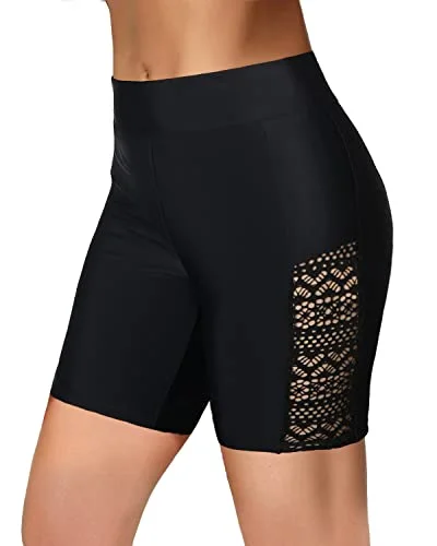 Women High Waisted Swim Shorts Tummy Control Boy Shorts Bottoms-Black