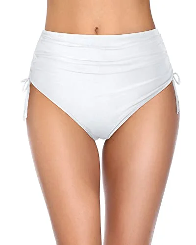 Ladies Full Coverage High Waisted Bikini Bottom Swimwear-White