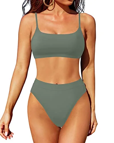 Women's High Waisted 2 Piece Bikini Swimsuit High Cut Bottom Bathing Suits Set-Army Green