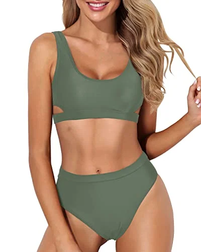 High Leg High Waisted Bikini Set For Women 2 Piece Sport Swimsuit-Olive Green